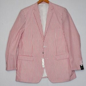 Alain Dupetit Mens Red White Seersucker Stripe Blazer Sport Coat 46L New